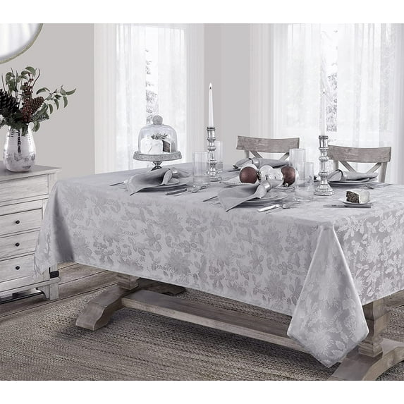 Newbridge Christmas Carol Grey Holiday Noel Damask 60 x 84 inch Oval Fabric Tablecloth
