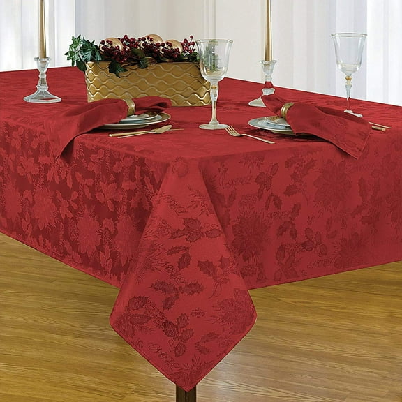 Newbridge Christmas Carol Red Holiday Noel Damask 60 x 120 inch Rectangle Fabric Dining Tablecloth