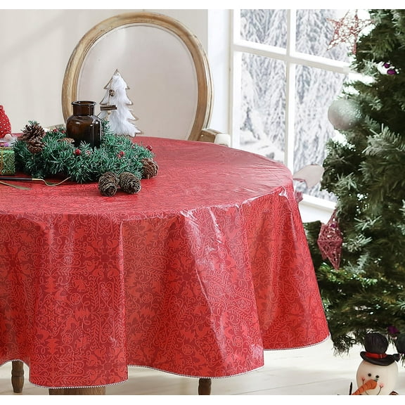 Newbridge Christmas Cozy Red Reindeer Damask 70 Inch Round Vinyl Flannel Backed Tablecloth