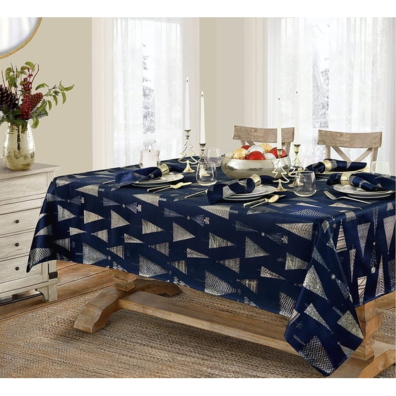 Newbridge Christmas Navy Blue and Gold Fancy Metallic Trees 60 x 120 inch Rectangle Fabric Tablecloth
