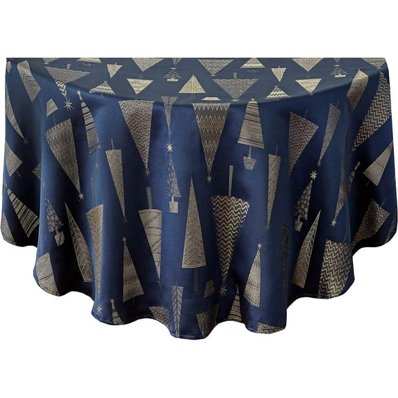 Newbridge Christmas Navy Blue and Gold Fancy Metallic Trees 60 x 84 inch Oval Fabric Tablecloth
