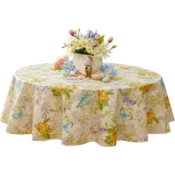 Newbridge Claudette Yellow Pastel Floral 70 inch Round Vinyl Flannel Backed Tablecloth