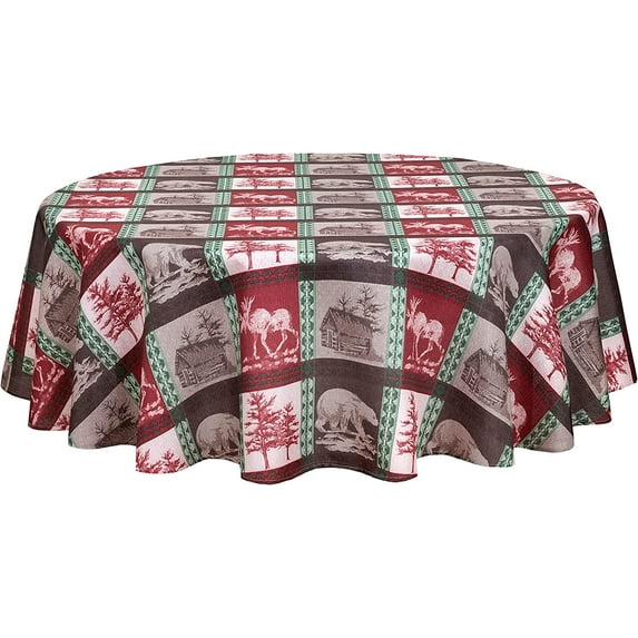 Newbridge Country Rustic Wildlife Lodge Plaid, Christmas Fabric Tablecloth, Woodland Moose, Bear and Cabin Winter Holiday Tablecloth, 70" Round