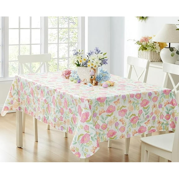 Butterfly Field Floral  Backed Tablecloth, 52 x 70 Inch Rectangle, Pastel Blooms and Butterflies Vinyl Tablecloth with  Backing for Holiday Parties