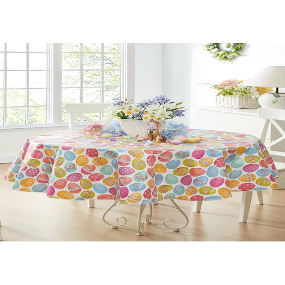 Newbridge Easter Egg Color Explosion Vinyl Flannel Backed Tablecloth, 60” x 84” Oval