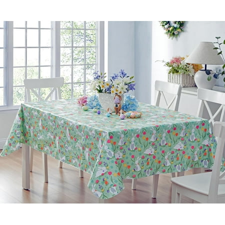 Newbridge Easter Green Cotton Tail Bunny Vinyl Flannel Backed Tablecloth, 60 x 120 inch Rectangle