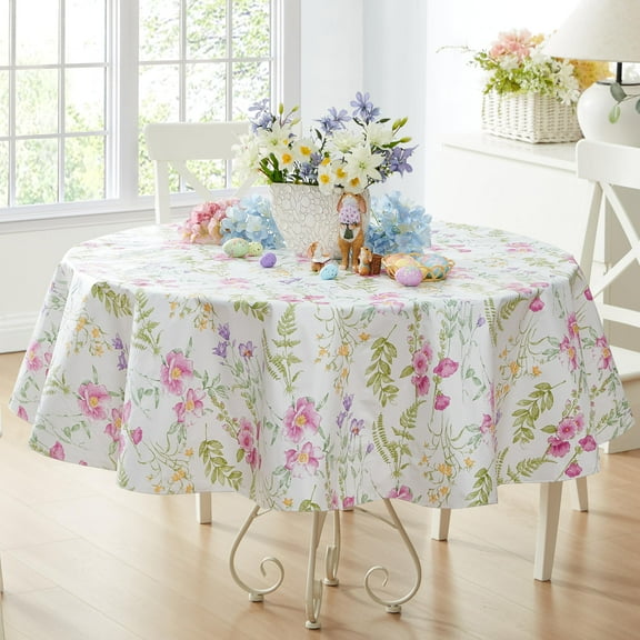 Newbridge Easter Wildflower Fields Floral 70 inch Round Vinyl Flannel Backed Tablecloth
