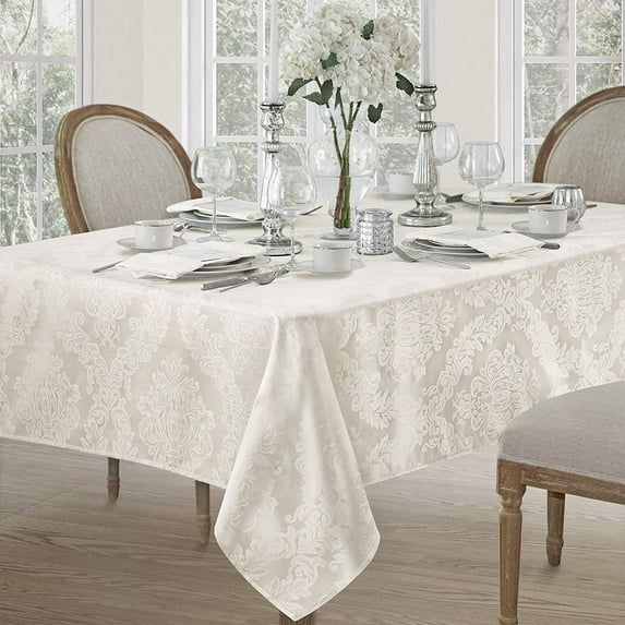 Newbridge Extra Wide Rectangle Fabric Tablecloth, 70 x 126 Inch, Barcelona Damask, No Iron Soil Resistant Dining Room Table Cloth, Antique White