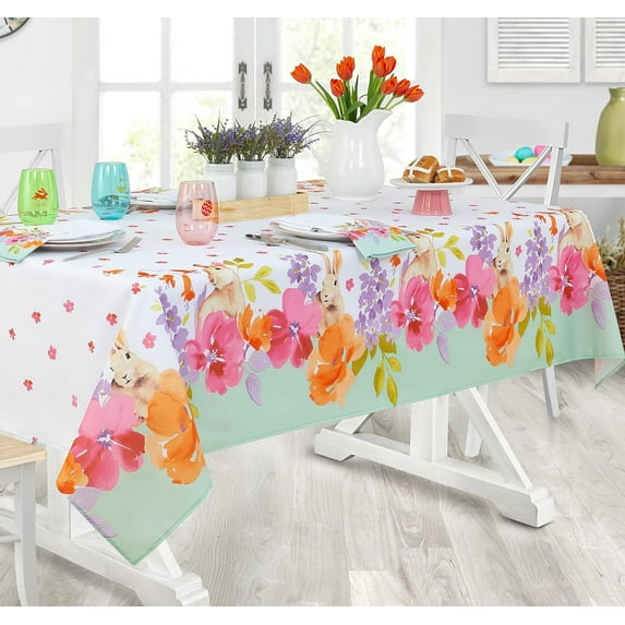 Newbridge Fabric Rectangle Tablecloth, 60 x 84 inch, Rabbit Garden Flower Fields Border
