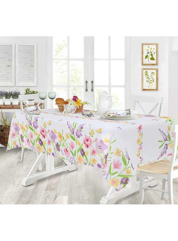 Newbridge Fabric Square Tablecloth, 52 x 52 Inch, Blooming Petals Easter Floral Blooms, Easy Care Stain Resistant Table Cloth, Spring Pastel