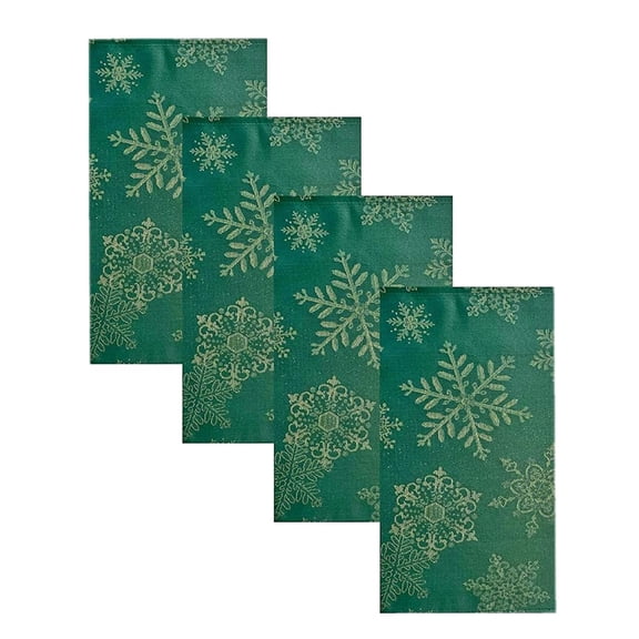 Christmas Fancy Hunter and Gold Metallic Snowflake Set Of 4 Fabric Dining Napkins