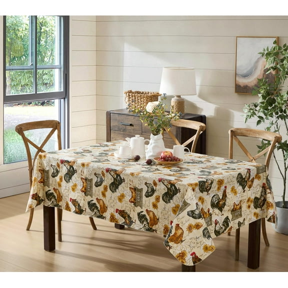 Newbridge Farm Fresh Rooster and Hens Square Vinyl Flannel Backed Tablecloth, 52 x 52 inch