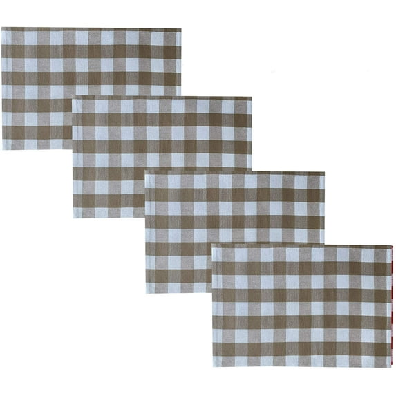 Newbridge Farmhouse Buffalo Check Rustic Cotton Placemats - Cottage Style Farmhouse Gingham Check Reversible Placemats - Set of 4 Placemats, Taupe
