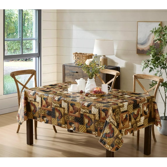 Newbridge Farmhouse Vintage Rooster Rectangle Vinyl Flannel Backed Dining Tablecloth, 60 x 84 inch