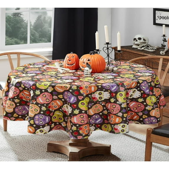 Newbridge Festive Halloween Oval Vinyl Tablecloth with Flannel Backing, 60 x 84 inch, Sugar Skull