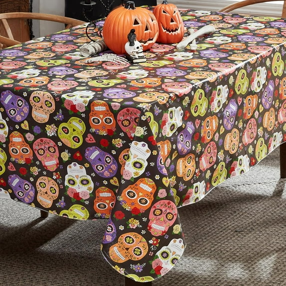 Newbridge Festive Halloween Rectangle Vinyl Tablecloth with Flannel Backing, 52 x 70 inch, Sugar Skull