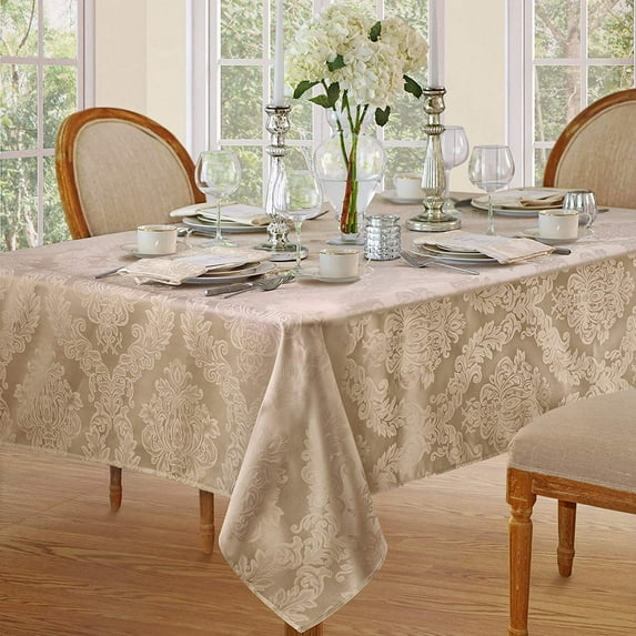 Newbridge Gold Beige Damask Barcelona Scroll 52 x 52 inch Square Fabric Holiday Dining Tablecloth