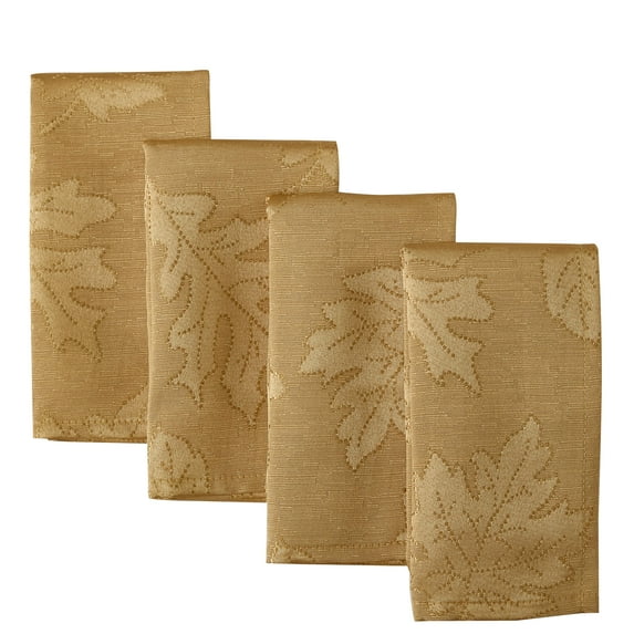 Newbridge Gold Fancy Fall Leaves Damask Fabric Dining Napkins for Thanksgiving, Set of 4 Square Napkins
