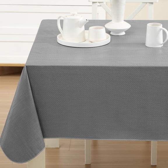 Newbridge Gray Basketweave 60 x 84 inch Rectangle Solid Vinyl Flannel Backed Dining Tablecloth