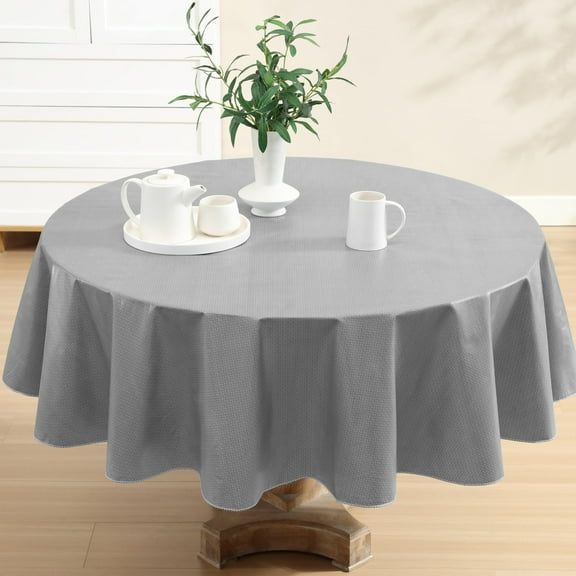 Newbridge Gray Basketweave 70 inch Round Solid Vinyl Flannel Backed Dining Tablecloth