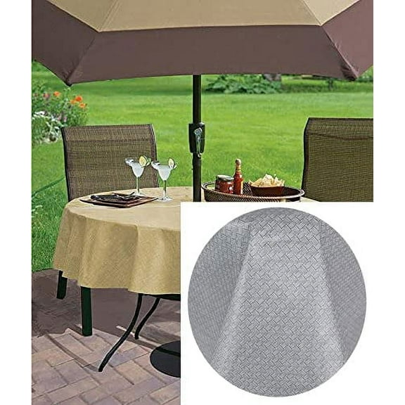 Newbridge Gray Basketweave 70 inch Umbrella Round Solid Vinyl Flannel Backed Dining Tablecloth