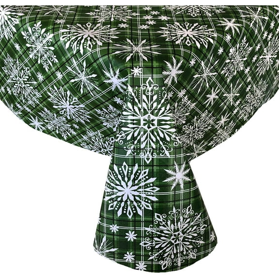 Newbridge Green Snowfall Snowflake Plaid Christmas Print Vinyl Flannel Backed Tablecloth, Rustic Green Snowflake Vinyl Tablecloth, 60 Inch x 84 Inch Oval