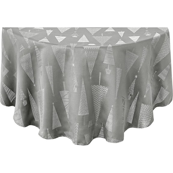 Newbridge Grey and Silver Fancy Metallic Christmas Trees Fabric Holiday Tablecloth, Xmas Tree Contemporary Soil Resistant Easy Care Tablecloth, 70” Round, Grey/Silver