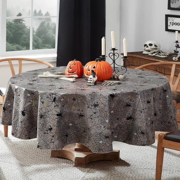 Newbridge Halloween Creepy Black Spider 60 x 84 inch Oval Vinyl Tablecloth with Flannel Backing