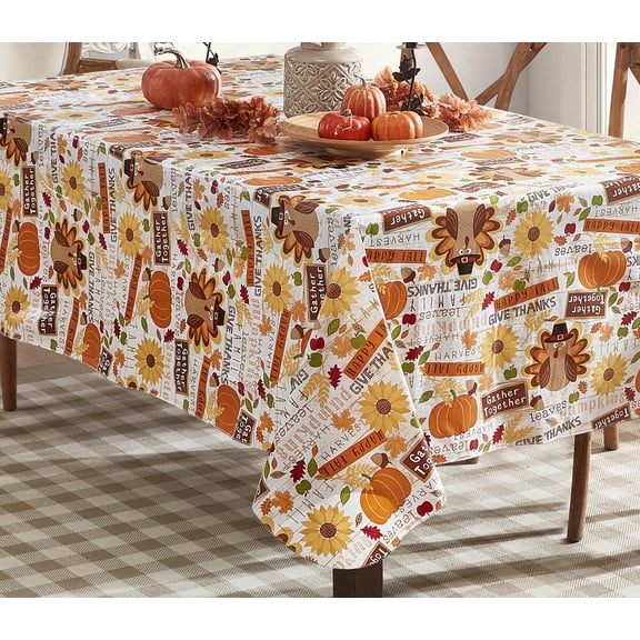 Newbridge Happy Thanksgiving Turkey 52 x 70 inch Rectangle Vinyl Tablecloth with Flannel Backing