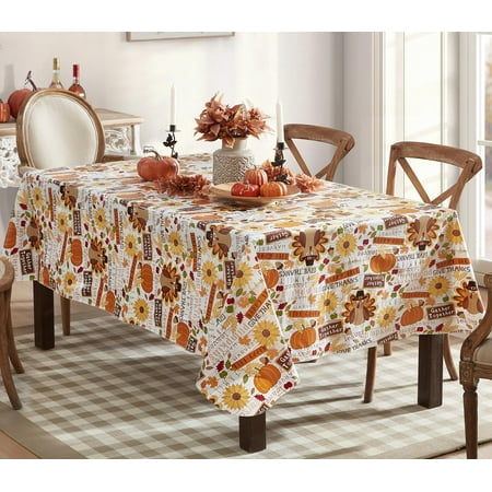Newbridge Happy Thanksgiving Turkey 60 x 102 inch Rectangle Vinyl Tablecloth with Flannel Backing