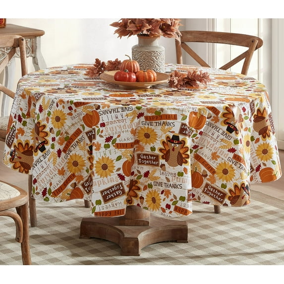 Newbridge Happy Thanksgiving Turkey 70 inch Round Vinyl Tablecloth with Flannel Backing