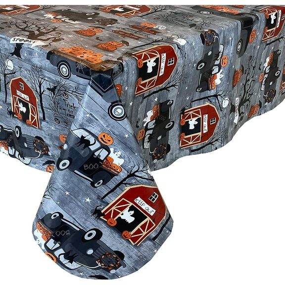 Newbridge Haunted Halloween Rustic Farm 52 x 52 inch Square Vinyl Flannel Backed Tablecloth