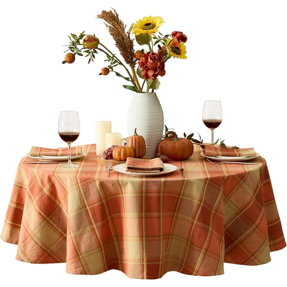 Newbridge Holiday Barnhouse Plaid Cotton Blend Fabric Tablecloth, Warm Rust Orange and Wheat Tan Check Woven Farmhouse Style, 70 Inch Round Fall Holiday Dining Table Cover