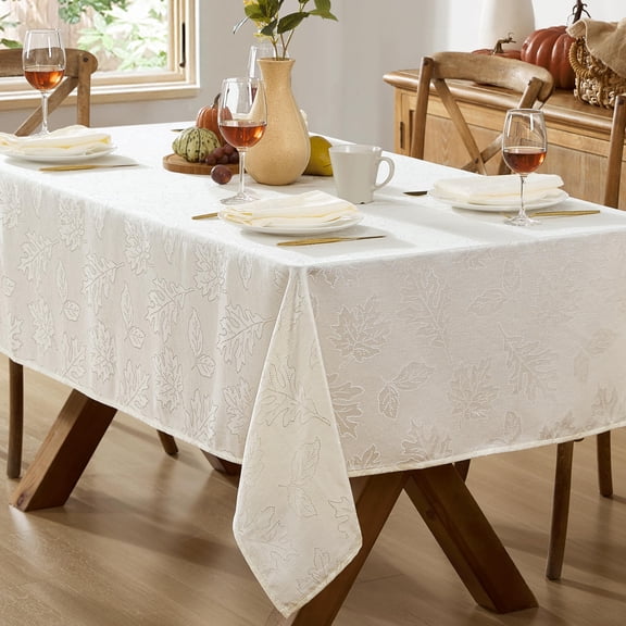 Newbridge Ivory Fancy Fall Leaves Damask Fabric Dining Tablecloth for Thanksgiving, 60 x 144 inch Rectangle