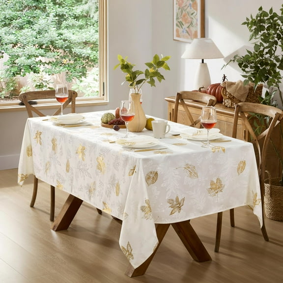 Newbridge Ivory and Gold Leaf Metallic Damask 60 x 102 inch Rectangle Fabric Dining Tablecloth for Thanksgiving