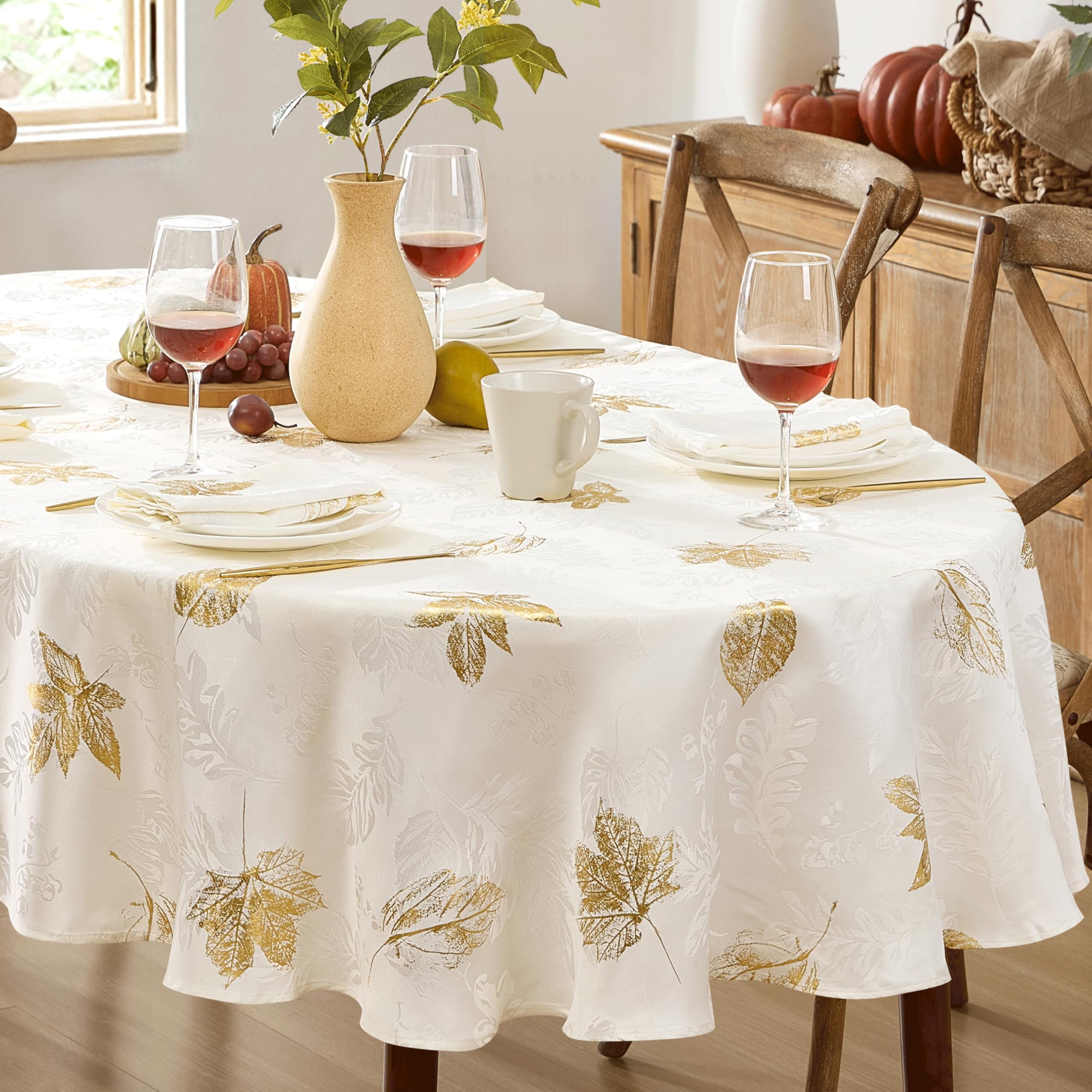 Newbridge Ivory and Gold Leaf Metallic Damask 60 x 84 inch Oval Fabric Dining Tablecloth for
