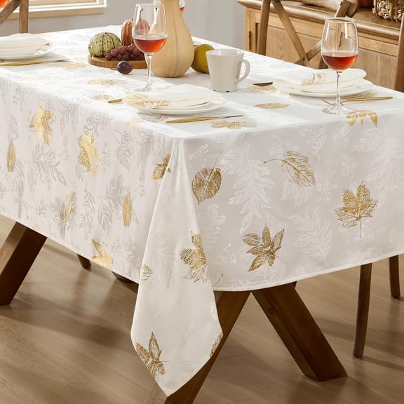 Newbridge Ivory and Gold Leaf Metallic Damask Fabric 60 x 84 inch Rectangle Dining Tablecloth for Thanksgiving