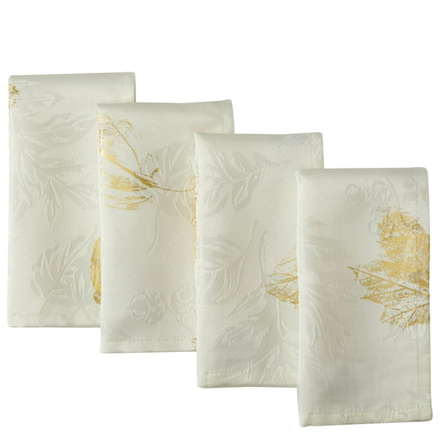 Newbridge Ivory and Gold Leaf Metallic Damask Set of 4 Fabric Dining Napkins for Thanksgiving Party
