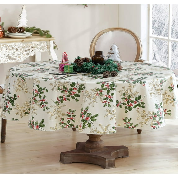 Ivory Golden Holly and Berry Christmas 60 x 84 inch Oval Vinyl Flannel Backed Dining Tablecloth