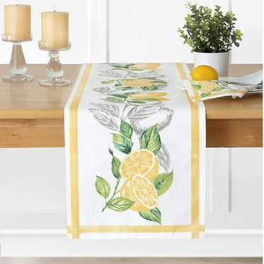 Newbridge Lemon Orchard Indoor/Outdoor Border Fabric Table Runner - Fresh Lemon and Citrus Leaf Stain Resistant, No-Iron Fabric Table Runner, 70” Long Table Runner