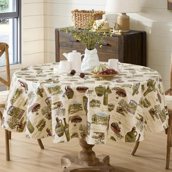 Newbridge Lucca Olive Oil Print Round Vinyl Tablecloth for Holiday Parties and Dining, 70 inch