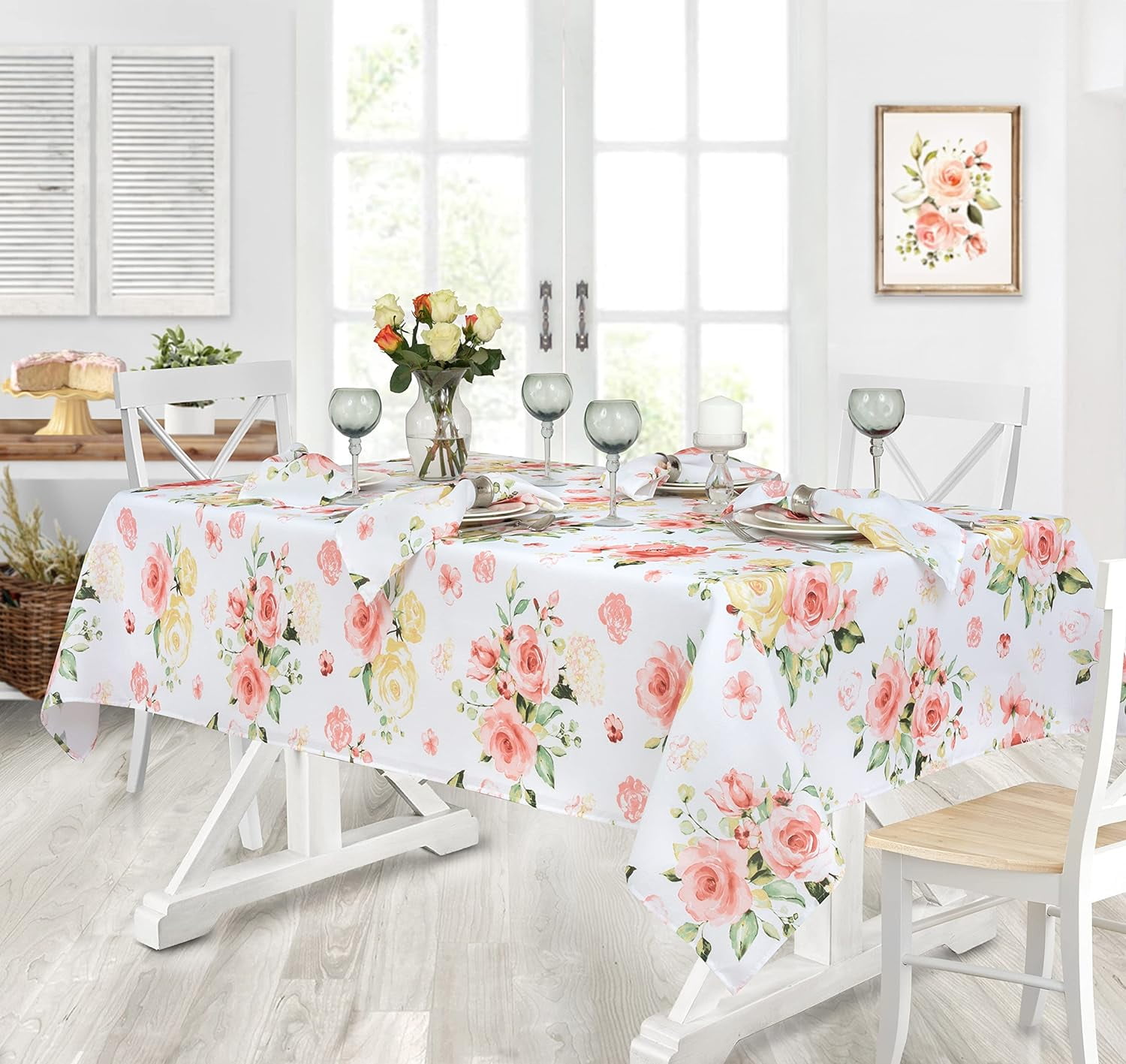 Newbridge Colorful Rectangle Fabric Tablecloth, Marie Pink Rose Garden ...