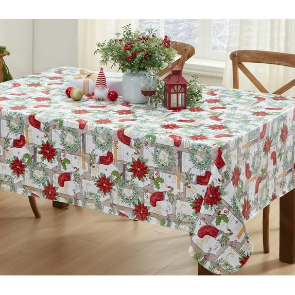 Merry Christmas Stocking Holiday Wreath 52 x 70 inch Rectangle Vinyl Flannel Backed Dining Tablecloth