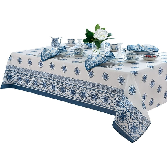 Newbridge Mykonos Blue Mediterranean Tile Bordered Fabric Tablecloth - Blue Medallion Print Indoor/Outdoor, Stain Resistant, No-Iron Tablecloth, 52 x 70 Inch Rectangle