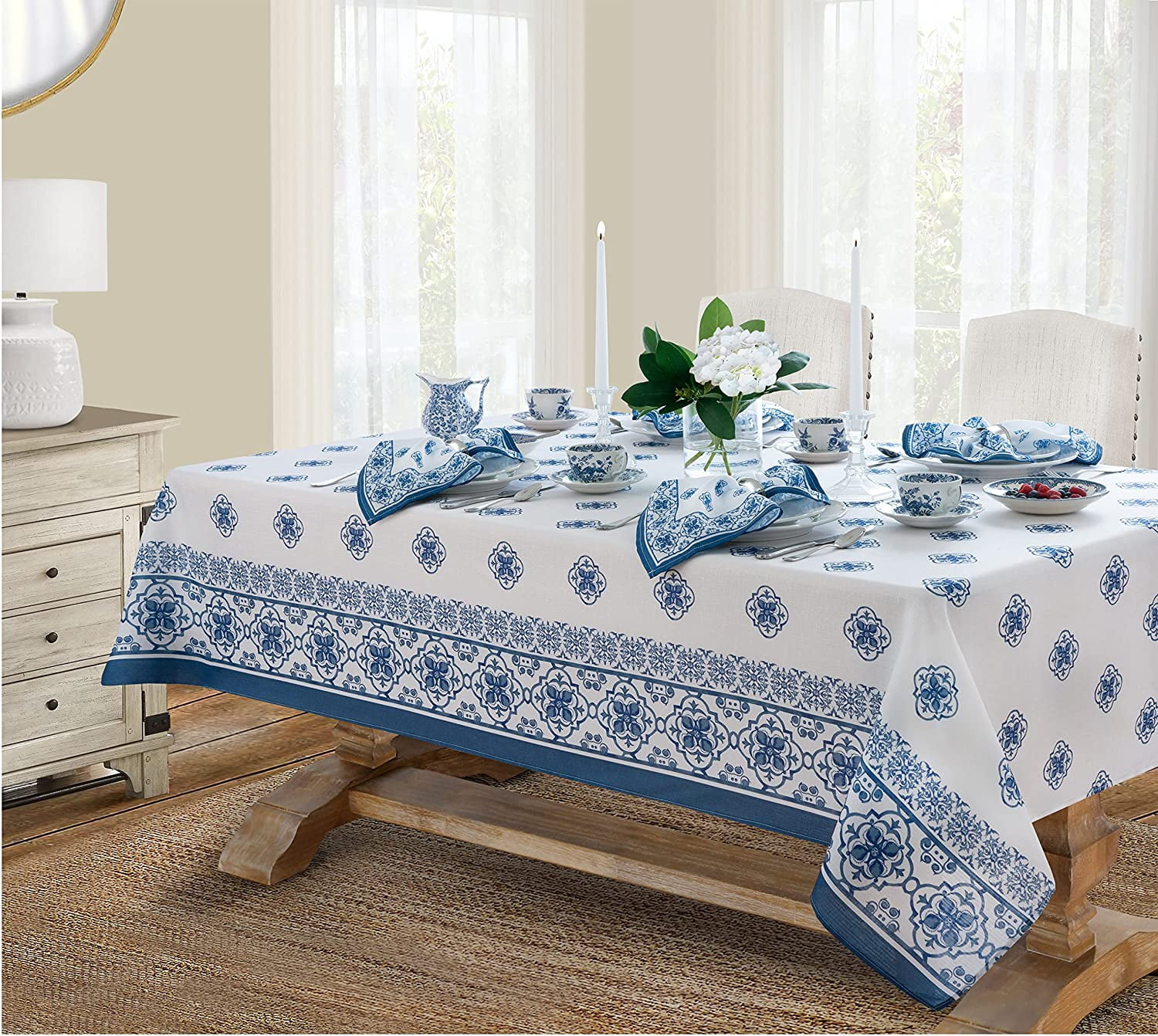 Newbridge Mykonos Blue Mediterranean Tile Bordered Fabric Tablecloth ...