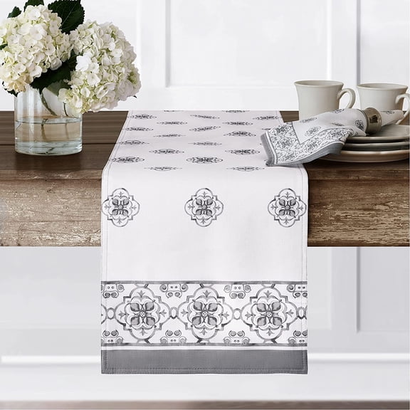 Newbridge Mykonos Grey Mediterranean Tile Print Bordered Table Runner - Grey Medallion Print Indoor/Outdoor Stain Resistant, No-Iron Fabric Table Runner, 70” Long Table Runner
