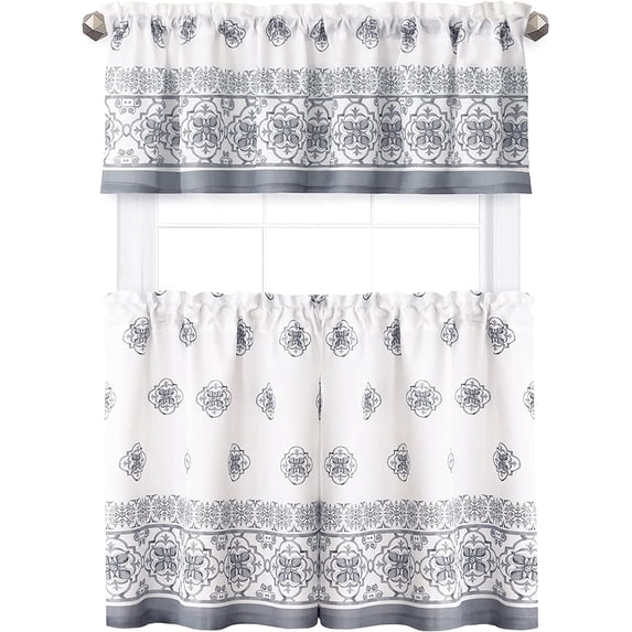 Newbridge Mykonos Grey Mediterranean Tile Print Bordered Tier Curtain and Valance Set, Grey Medallion Print No-Iron Fabric 24” Long Tier Pair and Valance Set