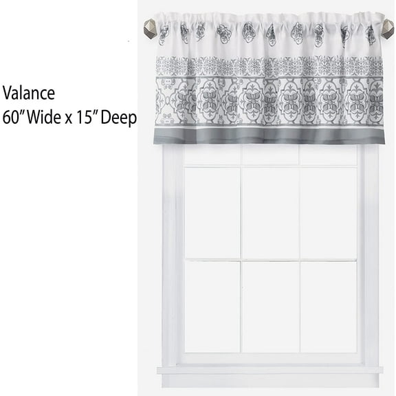 Newbridge Mykonos Grey Mediterranean Tile Print Bordered Window Curtain Valance, Grey Medallion Print, No-Iron Fabric Valance, 60” Wide x 15” Deep Valance