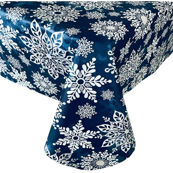 Newbridge Navy Blue Winter Sparkle Snowflake Vinyl Flannel Backed Christmas Tablecloth, Navy and Gray Glitter Snowflake Holiday Easy Care Vinyl Tablecloth, 60” x 84” Oblong/Rectangle