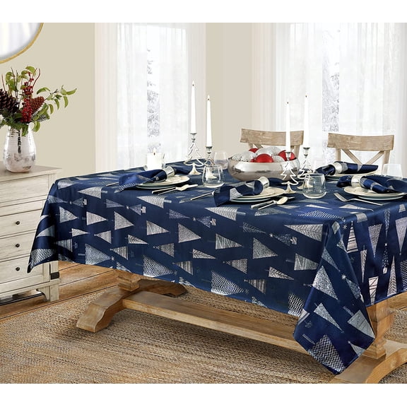 Newbridge Navy Blue and Silver Fancy Metallic Christmas Trees 52 x 52 inch Square Fabric Tablecloth